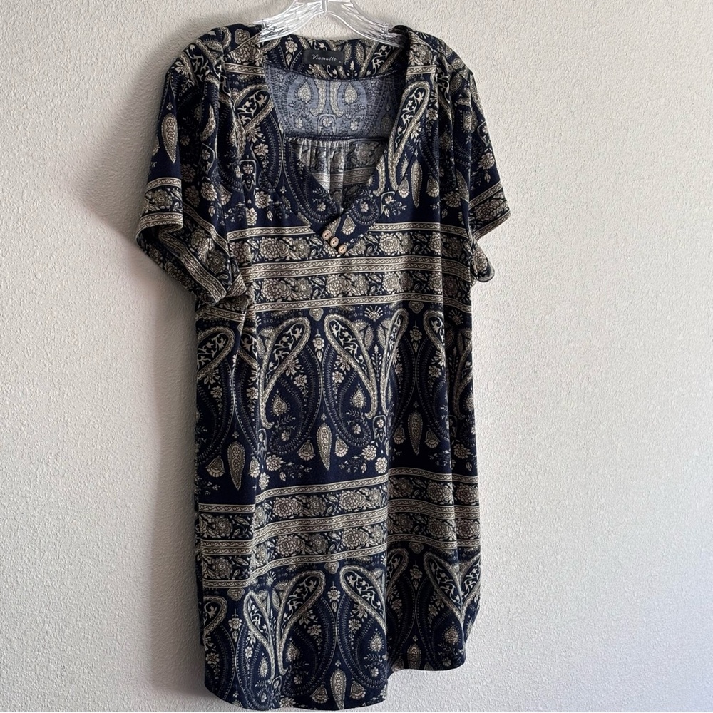 Vinmatto Women's Navy and Cream Patterned Women’s Top Size XL Short Sleeve EUC - Picture 2 of 8